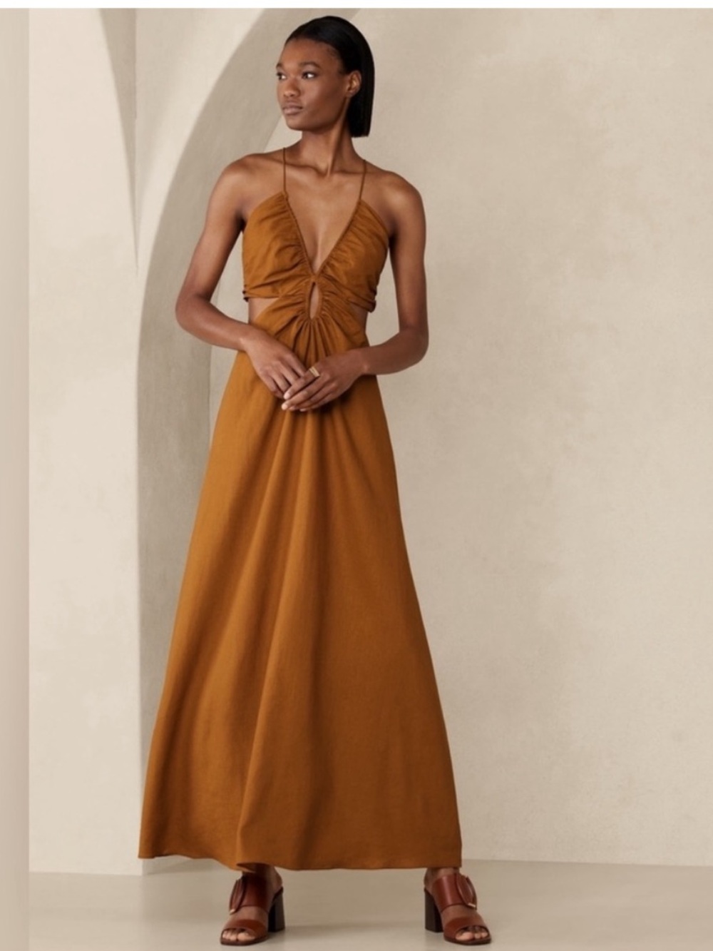 Banana Republic Linen Burnt Orange Maxi Dress with Front Knot and Cutout